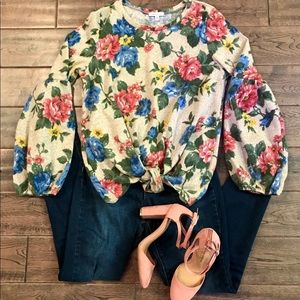 Tie Front Floral Sweater